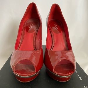 Deep red peep-toe heels